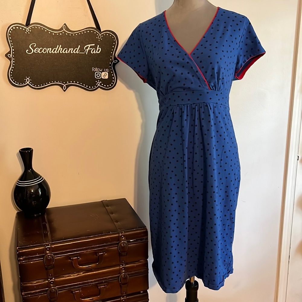 Boden Blue & Black Polkadot Jersey Faux Wrap Dress